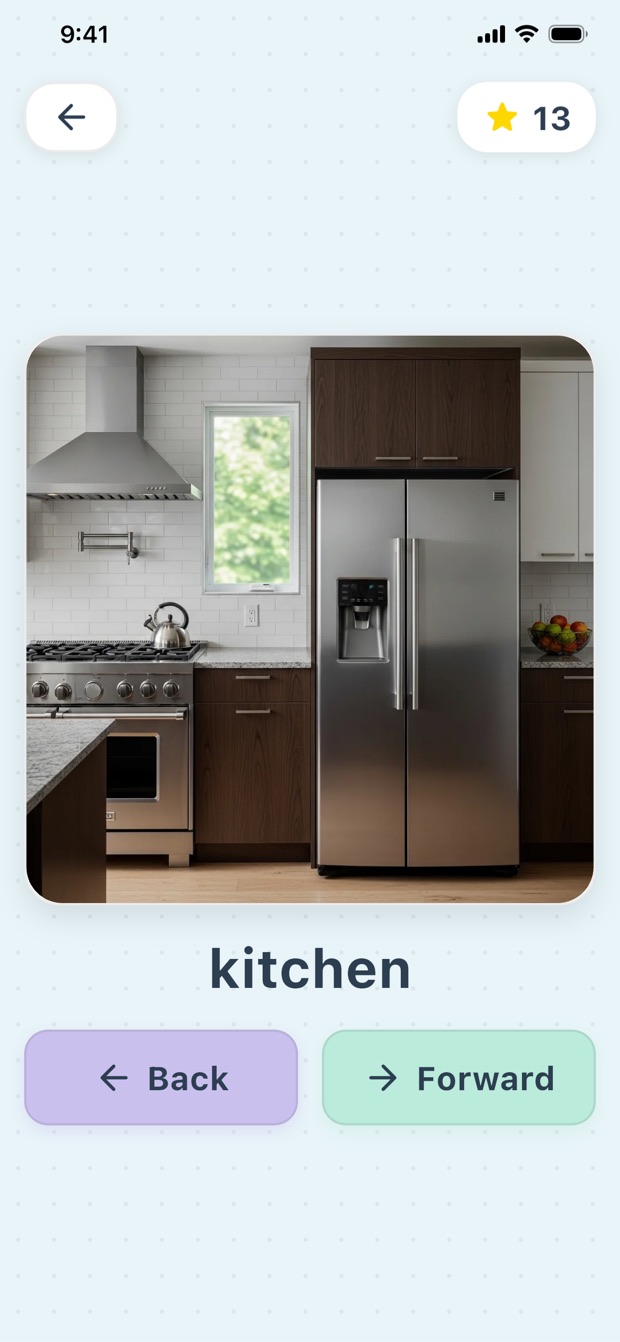 Learn Words game showing the word kitchen