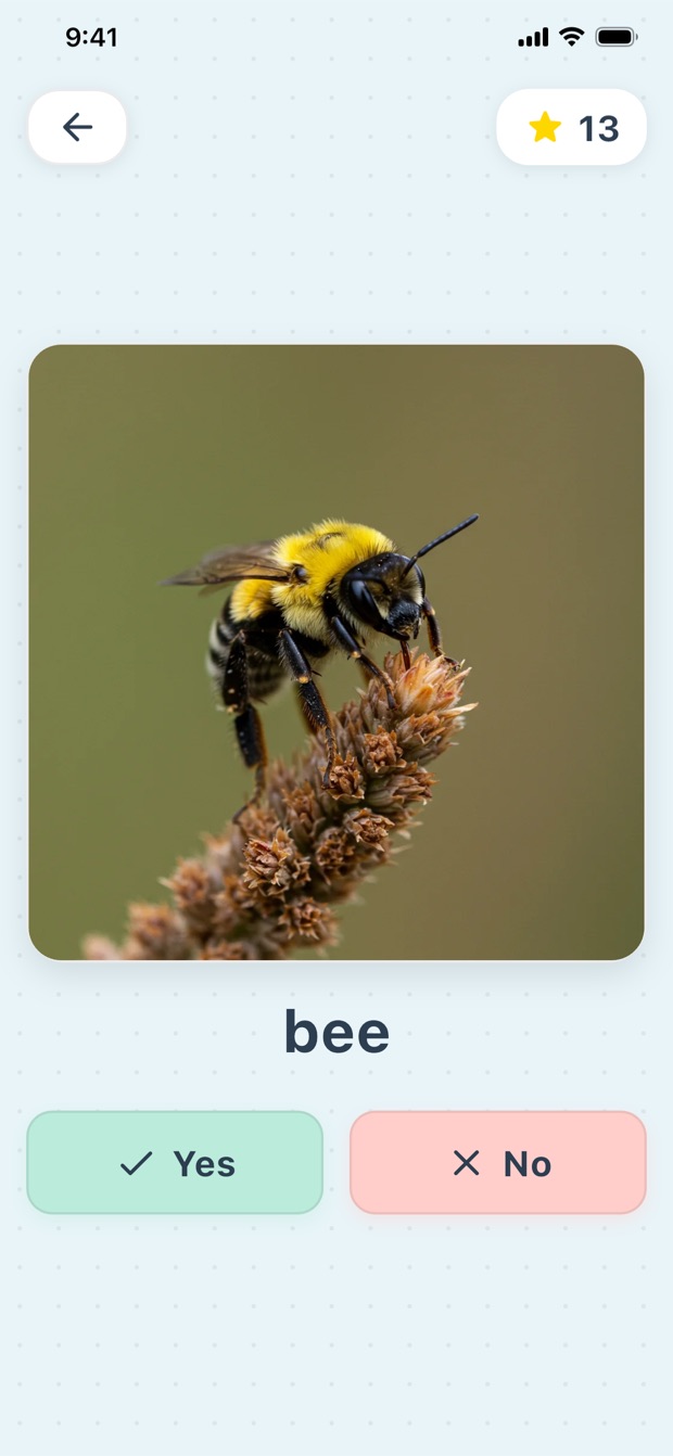 Yes or No vocabulary game showing a bee